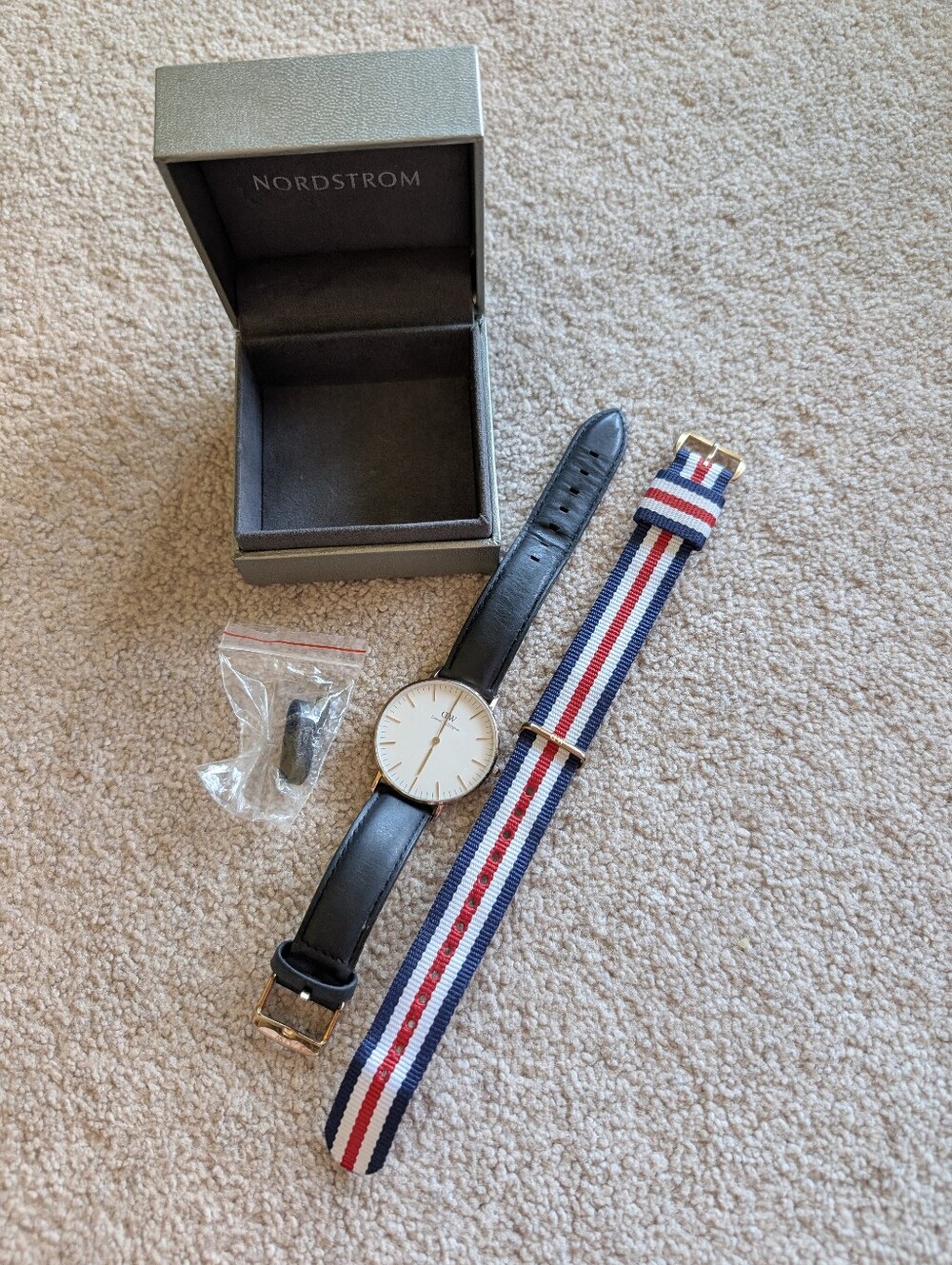 Daniel Wellington Watch Black Leather and Navy/White/Red Striped NATO Strap